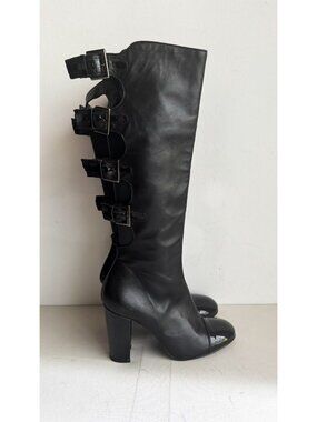 Vintage Mimosa Black Leather Open Back Buckle Detail Heels 39